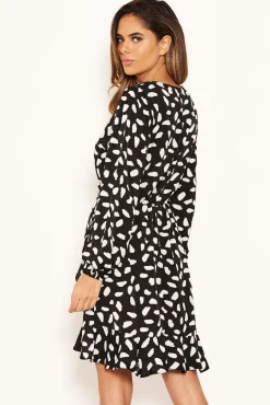 Black Printed Long Sleeved Wrap Dress