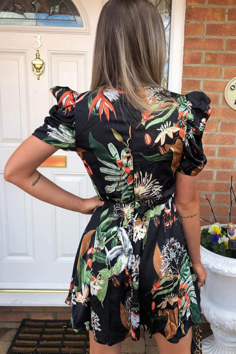 Black Printed Skater Dress with Puff Sleeve