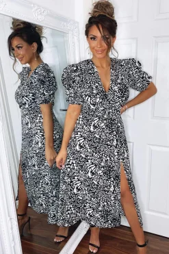 Black Printed Split Leg Midi Dress