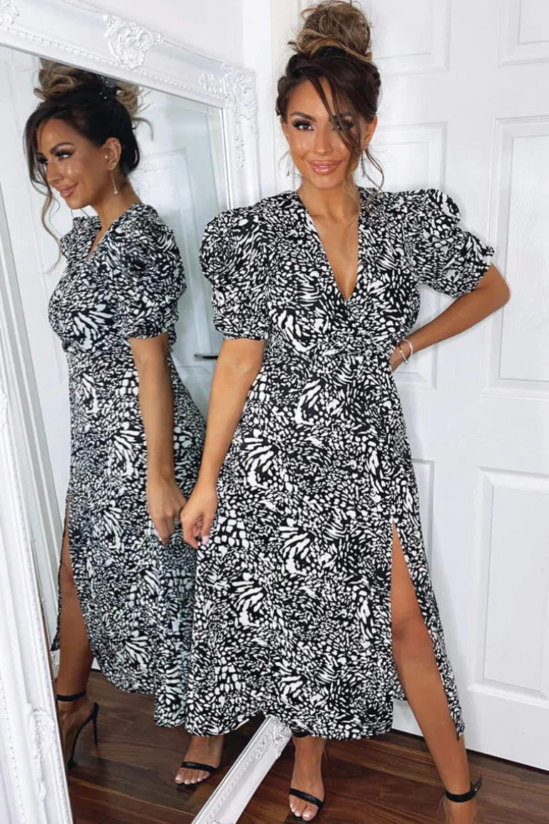 Black Printed Split Leg Midi Dress