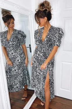Black Printed Split Leg Midi Dress