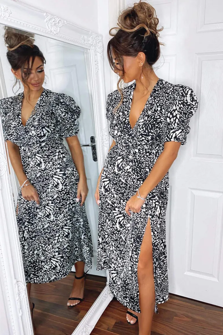 Black Printed Split Leg Midi Dress