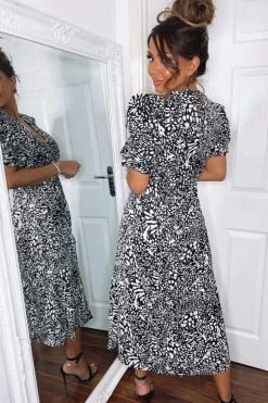 Black Printed Split Leg Midi Dress