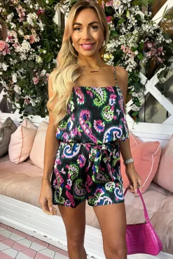 Black Printed Strappy Tie Belt Playsuit