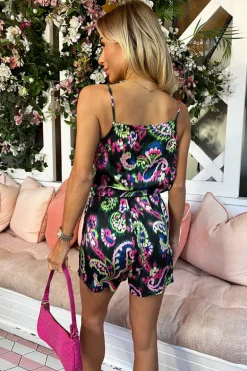 Black Printed Strappy Tie Belt Playsuit