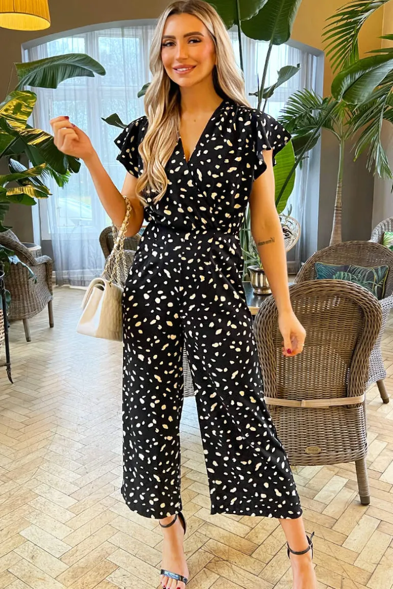 Black Printed Wrap Short Frill Sleeved Jumpsuit
