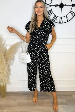 Black Printed Wrap Short Frill Sleeved Jumpsuit
