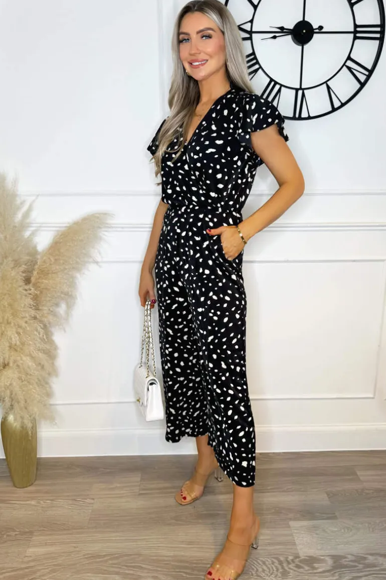 Black Printed Wrap Short Frill Sleeved Jumpsuit