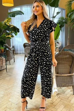 Black Printed Wrap Short Frill Sleeved Jumpsuit