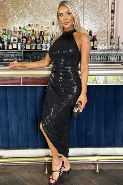 Black Rectangular Sequin Halter Neck Draped Wrap Skirt Midi Dress
