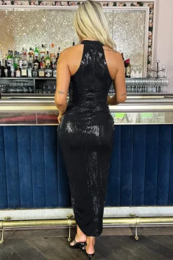 Black Rectangular Sequin Halter Neck Draped Wrap Skirt Midi Dress