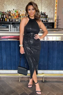 Black Rectangular Sequin Halter Neck Draped Wrap Skirt Midi Dress