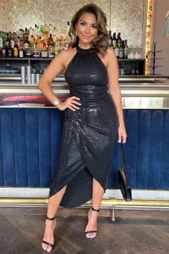Black Rectangular Sequin Halter Neck Draped Wrap Skirt Midi Dress