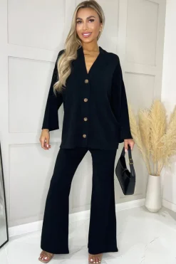 Black Ribbed Knit Button Front Lounge Cardigan