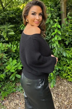Black Ribbed Knit Off The Shoulder Batwing Sleeve Jumper