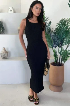 Black Ribbed Knit Round Neck Midi Dress