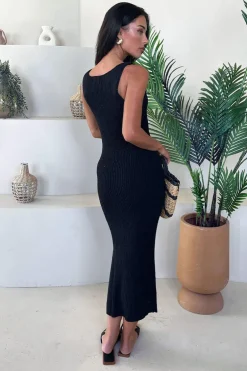Black Ribbed Knit Round Neck Midi Dress