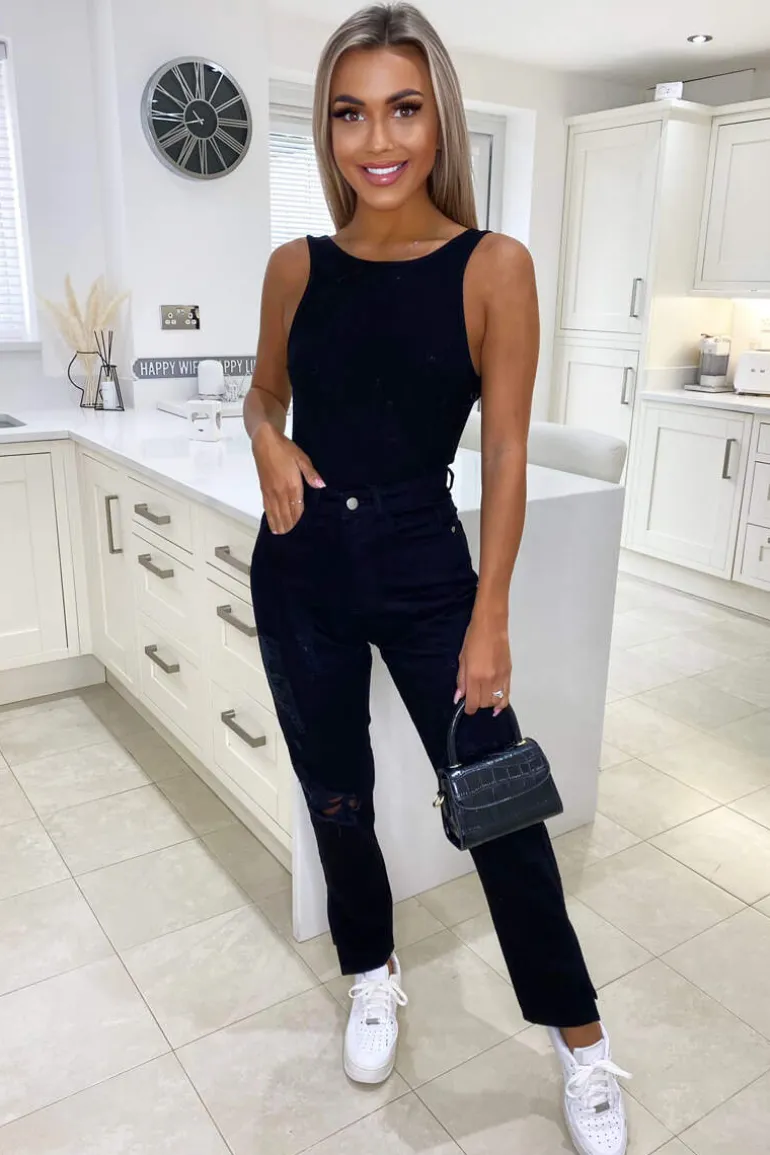 Black Ripped Split Hem Jeans