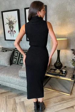 Black Roll Neck Sleeveless Belted Knit Midi Dress