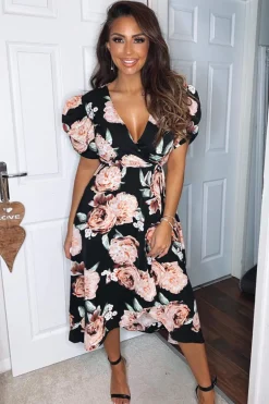 Black Rose Printed Wrap Midi Dress