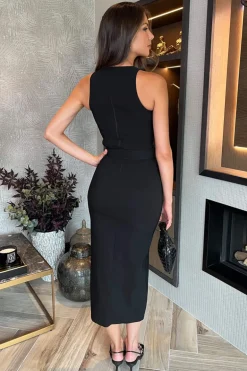 Black Round Neck Belted Bodycon Cargo Midi Dress