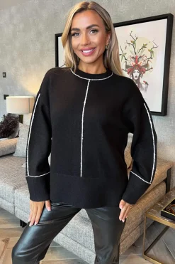 Black Round Neck Contrast Piping Detail Jumper