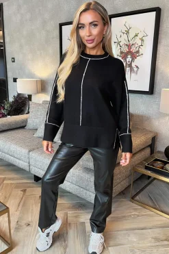 Black Round Neck Contrast Piping Detail Jumper