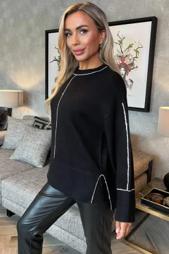 Black Round Neck Contrast Piping Detail Jumper
