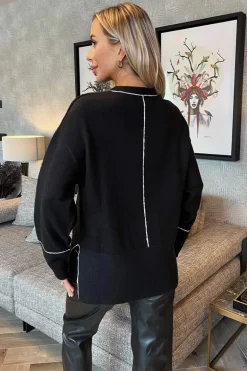 Black Round Neck Contrast Piping Detail Jumper
