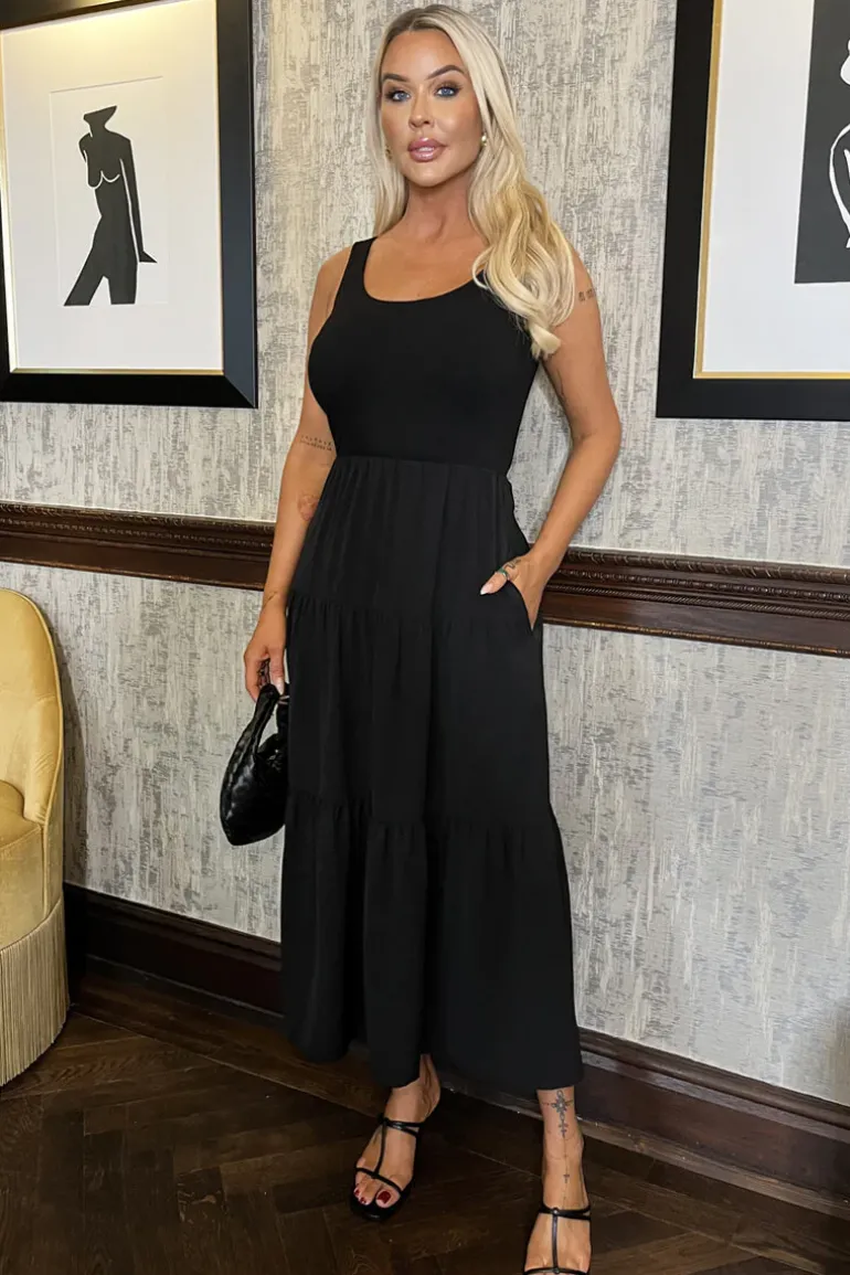Black Round Neck Ribbed Top Tiered Skirt Midi Dress