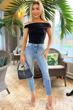 Black Ruched Off Shoulder Bodysuit