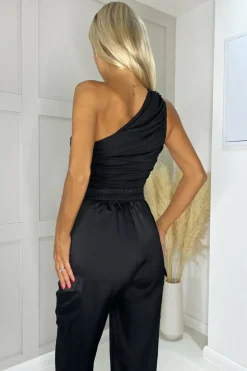 Black Ruched One Shoulder Bodysuit