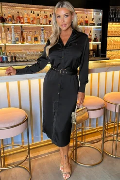 Black Satin Belted 3/4 Sleeve Gold Buttons Shirt Midi Dress