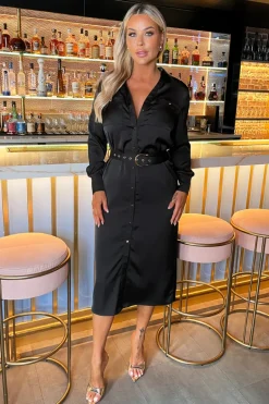 Black Satin Belted 3/4 Sleeve Gold Buttons Shirt Midi Dress