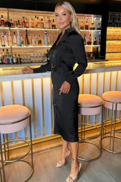 Black Satin Belted 3/4 Sleeve Gold Buttons Shirt Midi Dress