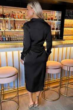 Black Satin Belted 3/4 Sleeve Gold Buttons Shirt Midi Dress