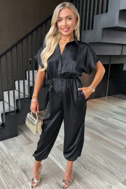 Black Satin Button Front Collared Tie Waist Jumpsuit