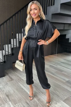 Black Satin Button Front Collared Tie Waist Jumpsuit