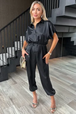 Black Satin Button Front Collared Tie Waist Jumpsuit