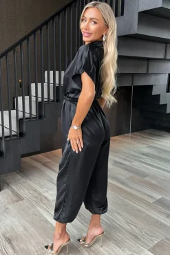 Black Satin Button Front Collared Tie Waist Jumpsuit