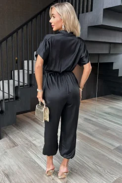 Black Satin Button Front Collared Tie Waist Jumpsuit