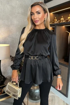 Black Satin Long Sleeve Gold Detail Belt Top