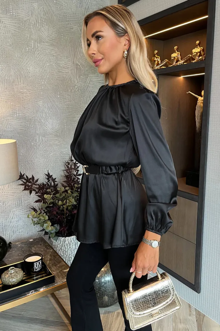 Black Satin Long Sleeve Gold Detail Belt Top