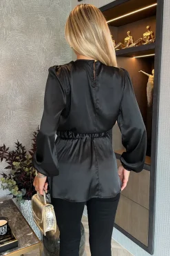 Black Satin Long Sleeve Gold Detail Belt Top