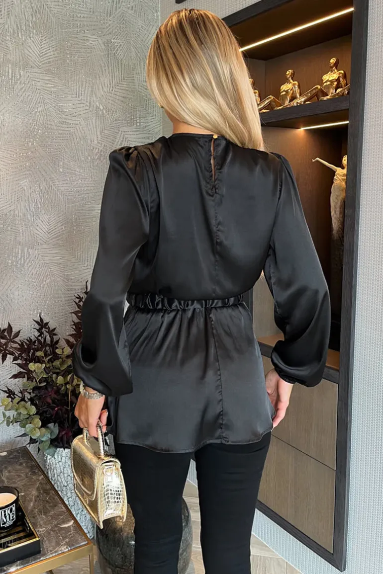 Black Satin Long Sleeve Gold Detail Belt Top
