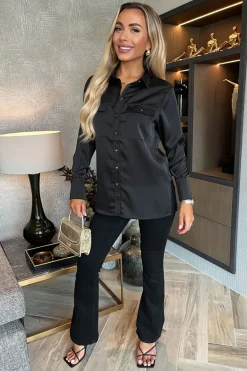 Black Satin Long Sleeve Gold Button Shirt