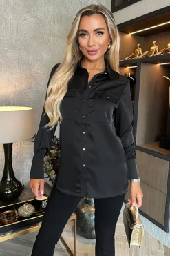 Black Satin Long Sleeve Gold Button Shirt