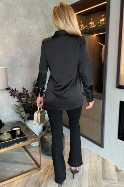 Black Satin Long Sleeve Gold Button Shirt