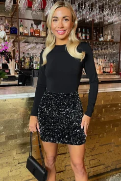 Black Sequin 2 in 1 Long Sleeve Mini Dress