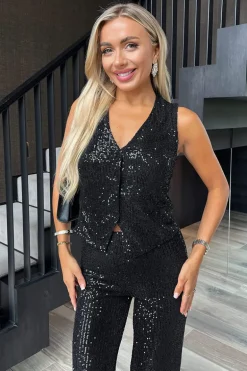 Black Sequin Button Front Waistcoat